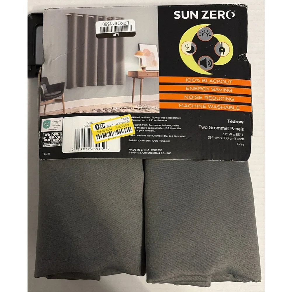 Sun Zero Gray Blackout Window Curtains 2 Panels with Grommets 37 x 63 Each NEW